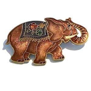 Cloisonné Elephant Brooch 1970s Trunk Up Floral Blanket Vintage Asian Inspired